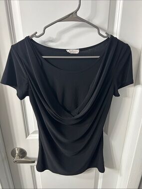 Draped Neck Short-Sleeve Blouse - Black